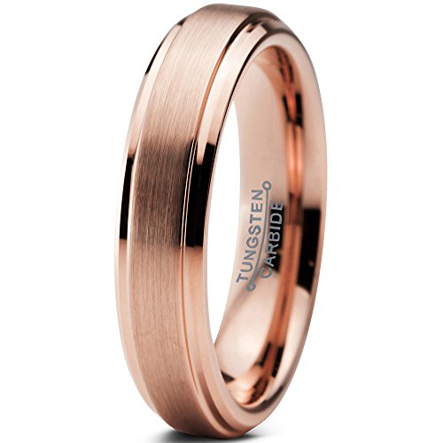 Tungsten Wedding Band Ring Comfort Fit 18K Rose Gold Plated Beveled Edge - Mister Bands