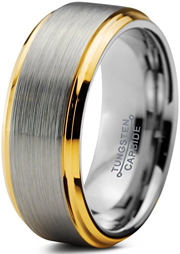 Tungsten Wedding Band Ring Comfort Fit 18K Yellow Gold Plated Beveled Edge - Mister Bands