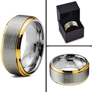 Tungsten Wedding Band Ring Comfort Fit 18K Yellow Gold Plated Beveled Edge - Mister Bands